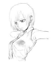 Rule 34 | 1girl, breasts, closed mouth, commentary request, greyscale, kotoyama, monochrome, original, short hair, simple background, solo, white background