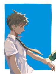 Rule 34 | 2boys, bad id, bad twitter id, blue background, bong (0u0bon), brown eyes, brown hair, closed mouth, collared shirt, danganronpa (series), danganronpa 2: goodbye despair, from side, green neckwear, highres, hinata hajime, holding another&#039;s wrist, komaeda nagito, looking down, male focus, multiple boys, necktie, out of frame, shirt, short hair, solo focus, striped, upper body, white background