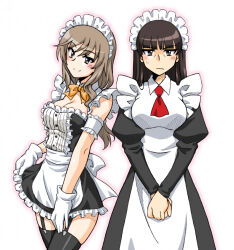 Rule 34 | 2girls, alternate costume, apron, armband, ascot, black dress, black eyes, black hair, blunt bangs, blush, bow, bowtie, brown eyes, brown hair, closed mouth, collared dress, commentary, detached collar, dress, enmaided, frilled armband, frilled dress, frills, frown, girls und panzer, gloves, juliet sleeves, long dress, long hair, long sleeves, looking at viewer, maid, maid apron, maid headdress, mature female, multiple girls, nishizumi shiho, oosaka kanagawa, orange bow, orange bowtie, puffy sleeves, red ascot, shimada chiyo, short dress, side-by-side, simple background, smile, standing, straight hair, strapless, strapless dress, sweatdrop, v arms, white apron, white background, white gloves, wing collar