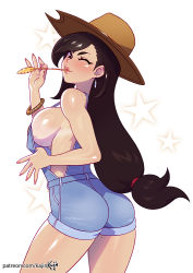Rule 34 | 1girl, artist name, ass, black hair, body freckles, bracelet, breasts, cowboy shot, denim, earrings, eyebrows, final fantasy, final fantasy vii, freckles, from behind, hat, jewelry, kajin (kajinman), large breasts, long hair, looking at viewer, low-tied long hair, mole, mole on breast, mouth hold, naked overalls, one eye closed, overall shorts, overalls, ponytail, red eyes, sideboob, solo, stalk in mouth, standing, straw (stalk), thighs, tifa lockhart, veins, veiny breasts, wink