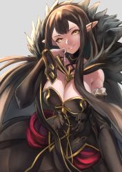 Rule 34 | 1girl, absurdres, black dress, black hair, breasts, bridal gauntlets, cleavage, dress, elbow gloves, fate/grand order, fate (series), fur trim, gloves, head tilt, highres, hotate-chan, large breasts, long hair, looking at viewer, pointy ears, semiramis (fate), smile, solo, spikes, very long hair, yellow eyes