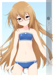 Rule 34 | 1girl, alternate costume, artist name, bikini, blue background, blue bikini, brown eyes, brown hair, character name, commentary request, cowboy shot, flat chest, gradient background, highres, inaba shiki, kantai collection, long hair, looking at viewer, mochizuki (kancolle), red-framed eyewear, solo, sports bikini, strapless, swimsuit, tube top