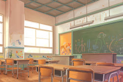 Rule 34 | chair, chalkboard, classroom, desk, gingham vest, graffiti, highres, indoors, light, no humans, original, roomscape, scenery, school, school desk, window, wooden floor, writing on wall