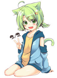 Rule 34 | 1girl, :d, ahoge, alternate hairstyle, animal ears, blush, cat ears, cat hair ornament, cat tail, dated, detached sleeves, dodome-iro mayonnaise, flat chest, green eyes, green hair, hair ornament, hairclip, hood, hoodie, matching hair/eyes, open clothes, open hoodie, open mouth, original, sharon (dodomayo), short hair, short twintails, simple background, sleeveless, sleeveless hoodie, smile, solo, tail, twintails, v, white background