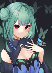 Rule 34 | 1girl, absurdres, animal print, bad id, bad pixiv id, bare shoulders, black ribbon, blue butterfly, blue dress, blush, breasts, bug, butterfly, butterfly print, cleavage, closed mouth, detached sleeves, double bun, dress, frills, green butterfly, green hair, hair bun, hair ornament, hair ribbon, hand on own chest, hand up, highres, hololive, insect, long sleeves, looking at viewer, red eyes, ribbon, shirafuji ene, short hair, skull ornament, small breasts, smile, solo, upper body, uruha rushia, uruha rushia (1st costume), virtual youtuber, wide sleeves