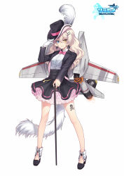 Rule 34 | 1girl, :3, ace virgin, aircraft, airplane, black footwear, black jacket, blonde hair, blue eyes, bow, bowtie, closed mouth, copyright name, curly hair, earrings, f-14 tomcat, fhalei, frilled skirt, frills, full body, gloves, hair ornament, hairclip, hand on headwear, hat, hat feather, heterochromia, high heels, highres, jacket, jewelry, leg tattoo, logo, long sleeves, looking at viewer, mecha musume, pink bow, pink bowtie, sash, shirt, shoes, simple background, skirt, smile, solo, standing, star (symbol), star earrings, tail, tattoo, white background, white gloves, white shirt, yellow eyes