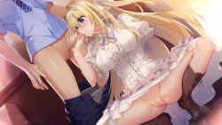 Rule 34 | 1girl, blonde hair, blush, boku no mirai wa koi to kakin to, boots, breasts, censored, clothes pull, cum, cum in mouth, dress, ejaculation, embarrassed, fellatio, frilled dress, frills, game cg, groin, highres, indoors, large breasts, legs, long hair, mosaic censoring, nironiro, no panties, oral, orgasm, original, pants, pants pull, penis, purple eyes, pussy, pussy juice, pussy juice drip, saionji nana, squatting, standing, thighs, wet