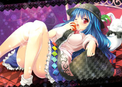 Rule 34 | 1girl, blue hair, eating, female focus, food, fruit, hinanawi tenshi, holding, holding food, holding fruit, long hair, maki (seventh heaven maxion), peach, red eyes, solo, touhou