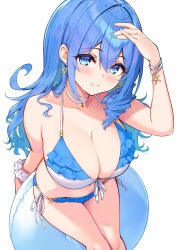 Rule 34 | 1girl, aqua nails, bare shoulders, bikini, blue eyes, blue hair, blush, bracelet, breasts, choker, cleavage, closed mouth, collarbone, commentary request, earrings, from above, hand up, highres, hisen kaede, innertube, jewelry, large breasts, looking at viewer, looking up, nail polish, navel, original, scrunchie, side-tie bikini bottom, simple background, smile, solo, swim ring, swimsuit, thighs, white background, white choker, wrist scrunchie