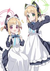 Rule 34 | 2girls, animal ear headphones, animal ears, apron, aqua ribbon, blonde hair, blue archive, blush, cat ear headphones, dot nose, fake animal ears, frilled apron, frilled headwear, frills, green eyes, halo, headphones, highres, holding, holding ribbon, long sleeves, looking at viewer, maid apron, maid headdress, midori (blue archive), midori (maid) (blue archive), momoi (blue archive), momoi (maid) (blue archive), multiple girls, neck ribbon, open mouth, puffy long sleeves, puffy sleeves, red eyes, ribbon, siblings, sidelocks, simple background, sisters, sitting, standing, tail, tibaridooor, tying hair, white background