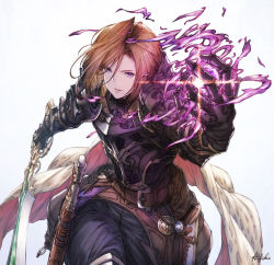 Rule 34 | 1girl, black knight (granblue fantasy), armor, belt, black armor, brown hair, commentary request, energy, gauntlets, granblue fantasy, holding, holding sword, holding weapon, ivris, leaning forward, magic, purple eyes, scabbard, sheath, short hair, simple background, solo, sword, weapon, white background
