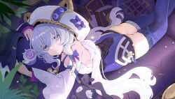 1girl absurdres ass bare_shoulders blue_eyes book breasts couch hair_between_eyes hair_ribbon highleg_shorts highres holding holding_stuffed_toy honkai_(series) honkai_impact_3rd indoors long_hair lying on_couch on_stomach parted_lips purple_ribbon purple_shorts purple_thighhighs qingye_ling ribbon shorts small_breasts stuffed_toy teeth theresa_apocalypse theresa_apocalypse_(schicksal&#039;s_imperative) thighhighs thighs white_hair white_hood zettai_ryouiki