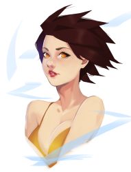 Rule 34 | 1girl, bad id, bad pixiv id, breasts, brown hair, cleavage, collarbone, commentary, dress, highres, light smile, lipgloss, looking at viewer, making-of available, medium breasts, nose, orange dress, orange eyes, overwatch, overwatch 1, parted lips, portrait, red lips, short hair, simple background, sleeveless, sleeveless dress, solo, spaghetti strap, spiked hair, tracer (overwatch), white background, yeedeea