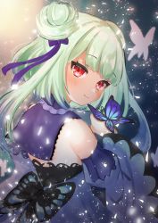 Rule 34 | 1girl, absurdres, blue dress, blue hair, bug, butterfly, detached collar, detached sleeves, double bun, dress, from side, green hair, hair bun, hair ribbon, highres, hololive, insect, kokemomo (makesound), looking at viewer, multicolored hair, red eyes, ribbon, smile, solo, streaked hair, two-tone hair, upper body, uruha rushia, uruha rushia (1st costume), virtual youtuber