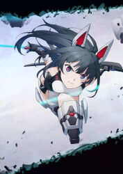 Rule 34 | 1girl, agatsuma kaede, alice gear aegis, black eyes, black hair, black leotard, closed mouth, commentary request, eye trail, highres, holding, holding sword, holding weapon, karappo (keith8387), leotard, light trail, mechanical arms, mechanical legs, slashing, solo, sword, weapon