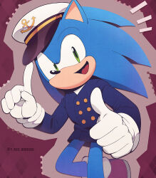 Rule 34 | 1boy, animal ears, animal nose, blue jacket, buttons, commentary request, furry, furry male, gloves, green eyes, hat, highres, index finger raised, jacket, looking at viewer, male focus, open mouth, red footwear, shoes, show chiku-by, smile, solo, sonic (series), sonic the hedgehog, the murder of sonic the hedgehog, thumbs up, white gloves, white hat