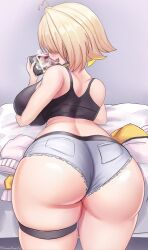Rule 34 | 1girl, absurdres, ahoge, ass, ass focus, black shirt, blonde hair, blush, breasts, curvy, elegg (nikke), female focus, goddess of victory: nikke, heart, heart ahoge, heavy breathing, hidden eyes, highres, holding, huge ass, huge breasts, lying, midriff, on stomach, open mouth, playing games, randomnoisesart, shiny skin, shirt, short hair, short shorts, shorts, sideboob, skindentation, smile, solo, thick thighs, thighs, wide hips