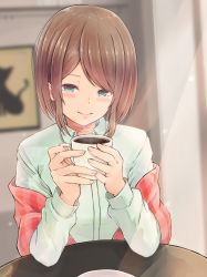 Rule 34 | 1girl, absurdres, blurry, blurry background, blush, brown hair, closed mouth, coffee, collared shirt, commentary, cup, depth of field, dress shirt, elbow rest, english commentary, fingernails, green eyes, green shirt, half-closed eyes, head tilt, highres, holding, holding cup, indoors, long sleeves, looking at viewer, original, plaid, shawl, shirt, sidelocks, smile, solo, table, temari rin, upper body