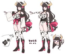 1girl 2021 animal_print bare_shoulders bell black_choker black_footwear blunt_bangs boots bow breasts bridal_gauntlets brown_hair character_sheet chinese_zodiac choker cleavage closed_mouth corset cow_print cowbell dated frills horns leotard long_hair michitaro_smile neck_bell open_mouth original pink_bow purple_eyes simple_background smile standing thighhighs very_long_hair white_background white_thighhighs year_of_the_ox