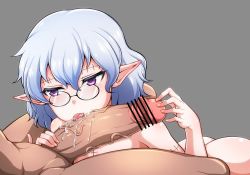 Rule 34 | 1boy, 1girl, ass, blue hair, blush, breasts, censored, coco ankou, fellatio, glasses, licking, licking penis, nude, penis, pointy ears, purple eyes, saliva, scar, tongue, tongue out