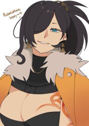 Rule 34 | 1girl, absurdres, arm tattoo, black hair, blue eyes, breast tattoo, breasts, cleavage, cleavage cutout, clothing cutout, commentary, earrings, ella eves, english text, eyelashes, fur-trimmed jacket, fur trim, genderswap, genderswap (mtf), hair over one eye, high ponytail, highres, holostars, holostars english, jacket, jacket on shoulders, jewelry, josuiji shinri, large breasts, long hair, looking at viewer, smile, solo, symbol-only commentary, tassel, tassel earrings, tattoo, upper body, virtual youtuber, white background, yellow jacket
