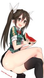 Rule 34 | &gt;:d, 10s, 1girl, 2015, :d, ass, black skirt, black thighhighs, blush, bow, bowtie, brown eyes, brown hair, crossed legs, dated, eating, food, food on face, fruit, hair between eyes, hair ribbon, highres, holding, kantai collection, kuro chairo no neko, legs, long hair, long skirt, no panties, open mouth, paw print, pelvic curtain, ribbon, seed, short sleeves, side slit, simple background, single thighhigh, sitting, skirt, smile, solo, thighhighs, thighs, tone (kancolle), tone kai ni (kancolle), twintails, twitter username, v-shaped eyebrows, watermelon, white background, white ribbon