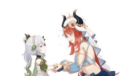 Rule 34 | 2girls, age difference, braid, child, circlet, closed eyes, clothing cutout, crop top, drooling, forehead jewel, genshin impact, gold trim, hair ornament, heart, heart-shaped pupils, heavy breathing, highres, hiwonoafu, holding hands, horns, long sleeves, multiple girls, nahida (genshin impact), nilou (genshin impact), onee-loli, parted bangs, ponytail, puffy long sleeves, puffy sleeves, red hair, shrug (clothing), simple background, skirt, smile, sweat, symbol-shaped pupils, upper body, vambraces, veil, white background, white hair, yuri