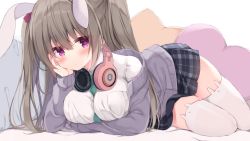 Rule 34 | 1girl, animal ear legwear, animal ears, between breasts, blush, breasts, brown hair, cardigan, closed mouth, commentary, green necktie, grey cardigan, grey skirt, hair between eyes, headphones, headphones around neck, heart, heart-shaped pillow, kujou danbo, large breasts, long hair, long sleeves, looking at viewer, necktie, necktie between breasts, off shoulder, open cardigan, open clothes, original, pillow, plaid, plaid skirt, pleated skirt, purple eyes, rabbit ear legwear, rabbit ears, simple background, skirt, sleeves past wrists, solo, star-shaped pillow, symbol-only commentary, thighhighs, two side up, very long hair, white background, white thighhighs