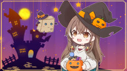 Rule 34 | 1girl, :d, bat (animal), bat wings, berry, black choker, blush, brown cloak, brown eyes, brown hair, bucket, candy, choker, cloak, cookie, crossed bangs, earrings, food, food-themed earrings, full moon, glowing, halloween, halloween bucket, halloween costume, hat, highres, holding, holding bucket, hololive, hololive english, house, jack-o&#039;-lantern, jewelry, lazurite, lollipop, long hair, looking at another, moon, multicolored hair, nanashi mumei, nanashi mumei (casual), necklace, official alternate costume, open mouth, red shirt, ribbon, shirt, sky, sleeves past wrists, smile, star (sky), starry sky, streaked hair, sweater, virtual youtuber, white sweater, wings, witch hat