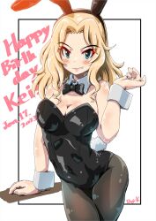 Rule 34 | 1girl, absurdres, animal ears, arm support, black leotard, blonde hair, blue eyes, blush, bow, bowtie, breasts, cleavage, commentary request, covered navel, detached collar, fake animal ears, girls und panzer, happy birthday, highres, kay (girls und panzer), kuroneko douji, large breasts, leotard, long hair, looking at viewer, oversized breast cup, pantyhose, playboy bunny, rabbit ears, rabbit tail, signature, smile, solo, strapless, strapless leotard, tail, thighs, white background, wrist cuffs