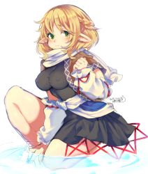 Rule 34 | 1girl, 2015, 3:, alternate hairstyle, arm warmers, blonde hair, blush, braid, breasts, covered erect nipples, dated, earrings, frown, green eyes, iroyopon, jewelry, looking at viewer, medium breasts, mizuhashi parsee, partially submerged, pointy ears, scarf, shirt, short hair, short sleeves, signature, simple background, skirt, solo, stud earrings, touhou, vest, white background
