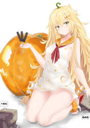 Rule 34 | 1girl, absurdres, alternate costume, ankle scrunchie, baggy clothes, bare shoulders, barefoot, between legs, blonde hair, blush, breasts, cardigan, dinergate (girls&#039; frontline), dress, food, food-themed hair ornament, girls&#039; frontline, green eyes, hair between eyes, hair ornament, hairband, hairclip, halloween, highres, holding, holding food, kneeling, long hair, looking at viewer, medium breasts, messy hair, neckerchief, off shoulder, official alternate costume, open cardigan, open clothes, open mouth, orange cardigan, orange sailor collar, pointing, pumpkin, pumpkin hair ornament, red neckerchief, ru zhai, s.a.t.8 (girls&#039; frontline), s.a.t.8 (pumpkin skewers) (girls&#039; frontline), sailor collar, sailor dress, scrunchie, sidelocks, silk, smile, very long hair, white dress