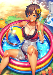 Rule 34 | 1girl, ahoge, ball, bangle, beachball, bikini, black bow, black hair, blue eyes, bottle, bow, bracelet, breast press, breasts, cleavage, cooler, flower, food, frilled bikini, frills, gluteal fold, grin, hair between eyes, hair flower, hair ornament, ice cream, jewelry, large breasts, looking at viewer, lying, one-piece tan, original, outdoors, partially submerged, popsicle, raised eyebrow, red bikini, shigatsu itsuka, side-tie bikini bottom, slippers, smile, solo, summer, sunflower, swimsuit, tan, tanline, tomboy, wading pool, water, water bottle