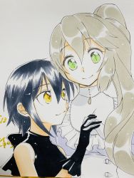 Rule 34 | 2girls, black hair, closed mouth, gloves, green eyes, hair between eyes, hand on another&#039;s chest, height difference, highres, iyofika, jewelry, kure kirika, looking at another, looking down, mahou shoujo madoka magica, mahou shoujo oriko magica, mikuni oriko, multiple girls, pendant, side ponytail, sleeveless, smile, white hair, yellow eyes, yuri