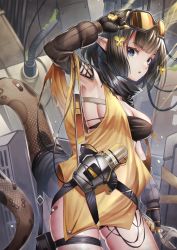 Rule 34 | 1girl, absurdres, arknights, armpits, black gloves, black hair, blue eyes, breasts, cowboy shot, detached collar, dress, eunectes (arknights), flower, gloves, goggles, goggles on head, hair flower, hair ornament, highres, huge filesize, looking at viewer, noro assumed, parted lips, pointy ears, short dress, short shorts, shorts, sideboob, skindentation, snake tail, strapless, tail, thigh strap, tube top, yellow dress, yellow flower