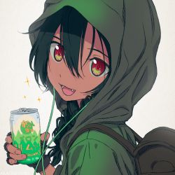 Rule 34 | 10s, 1girl, akagi (fmttps), anoshiras ii, backpack, bad id, bad pixiv id, bag, braid, can, drink can, fangs, fingerless gloves, gloves, green hair, gridman universe, hair between eyes, headphones, holding, hood, hood up, hoodie, long hair, long sleeves, looking at viewer, open mouth, red eyes, simple background, smile, soda can, solo, ssss.gridman, twin braids, upper body, white background