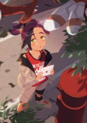 Rule 34 | 1boy, 82hanico, black hair, blush, commentary request, creatures (company), envelope, falling leaves, game freak, gen 2 pokemon, highres, holding, holding envelope, jacket, kieran (pokemon), leaf, long sleeves, male focus, multicolored hair, nintendo, outdoors, parted lips, pokemon, pokemon (creature), pokemon sv, postbox (outgoing mail), purple hair, red shirt, shirt, shoes, shorts, sleeveless, sleeveless shirt, standing, tank top, two-tone hair, yanma, yellow eyes