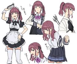 Rule 34 | 1girl, angry, annoyed, apron, arm up, arrow (projectile), black dress, black ribbon, blazer, blue jacket, bow, bowtie, commentary, dot pupils, dress, dressing, frilled dress, frills, frown, hair ribbon, highres, holding, holding notepad, jacket, japanese clothes, maid, maid apron, maid headdress, medium hair, multiple views, muneate, natsuki karin, notepad, open mouth, ponytail, purple eyes, purple neckwear, red hair, ribbon, robe, school uniform, shirt, short sleeves, sideways glance, sketch, synthesizer v, teshima nari, thighhighs, translated, twintails, white robe, white shirt, white thighhighs, wrist cuffs, zettai ryouiki