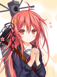 Rule 34 | 10s, 1girl, ahoge, backpack, bag, crescent, crescent hair ornament, hair ornament, highres, kantai collection, langley1000, long hair, machinery, own hands clasped, own hands together, red eyes, red hair, revision, school uniform, serafuku, smile, solo, upper body, uzuki (kancolle)