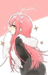 Rule 34 | 1girl, alternate costume, fate/grand order, fate (series), from side, fur scarf, heart, long hair, looking at viewer, medb (fate), medb (formal dress) (fate), nibinibi1030, pink background, pink hair, profile, sketch, smile, solo, tiara, twitter username, two-tone background, white background, yellow eyes