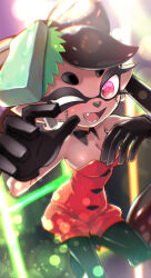 1girl black_gloves breasts callie_(splatoon) cleavage dancing facepaint fangs gloves halloween_costume highres inkling looking_at_viewer medium_breasts minamidena nintendo official_alternate_costume one_eye_closed splatoon_(series) splatoon_3 tentacle_hair