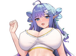 Rule 34 | 1girl, :d, ahoge, blue eyes, blue hair, blush, breasts, cleavage, crop top, dot nose, flower, frills, from below, hair flower, hair ornament, hairclip, huge breasts, long hair, looking at viewer, midriff, open mouth, original, pointy ears, sayashi (type5 labyrith), shiny skin, simple background, smile, solo, two side up, upper body, white background