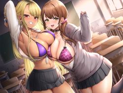 Rule 34 | 2girls, absurdres, animal print, arm up, armpits, bangs, bikini, black choker, black skirt, blonde hair, blush, breast press, breasts, brown hair, cardigan, chair, choker, classroom, cleavage, collarbone, desk, dutch angle, ear piercing, grey cardigan, grin, hair ornament, hair scrunchie, highres, large breasts, leopard print, long hair, long sleeves, looking at viewer, multiple girls, navel, non-web source, open clothes, open mouth, open shirt, original, piercing, pink bikini, pleated skirt, print bikini, purple bikini, school chair, school desk, school uniform, scrunchie, shirt, skirt, smile, standing, stomach, sweater, swimsuit, wakuta chisaki, white shirt, window, wooden floor, wrist scrunchie, yellow eyes