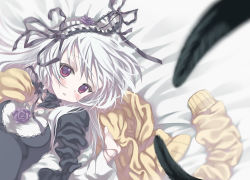 Rule 34 | 00s, 1girl, bed sheet, blush, breasts, cleavage, dress, feathers, flower, from above, hairband, headdress, lolita hairband, long hair, long sleeves, looking at viewer, lying, moriki takeshi, on back, on bed, red eyes, rozen maiden, solo, suigintou, sweater, unworn sweater, towel, upper body, very long hair, white hair