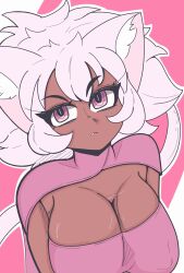 Rule 34 | 1girl, absurdres, animal ears, breasts, cat ears, cleavage, closed mouth, commentary, dark-skinned female, dark skin, english commentary, fang, fang out, highres, large breasts, looking at viewer, original, pink background, ringed eyes, self-upload, simple background, solo, sprawkit, sweat, tail, white hair