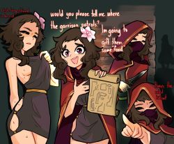 Rule 34 | bare shoulders, breasts, brown hair, centurii-chan (artist), cloak, commentary, covered mouth, english commentary, english text, flower, hair flower, hair ornament, hand on own chest, highres, holding, holding knife, holding scroll, hood, hooded cloak, knife, long sleeves, looking at viewer, mask, medium breasts, mouth mask, original, pink flower, red eyes, scroll, sideboob, smile, sweat, nervous sweating