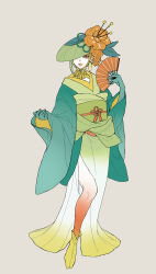 Rule 34 | 1girl, colored skin, creatures (company), elbow gloves, flower, folding fan, full body, game freak, gloves, gradient skin, green gloves, green hat, green kimono, hand fan, hat, hat flower, highres, hisuian lilligant, holding, holding fan, humanization, japanese clothes, kimono, lipstick, looking at viewer, makeup, nintendo, obi, orange eyes, pale skin, pokemon, red skin, sash, simple background, solo, standing, wide sleeves, woborou, yellow footwear