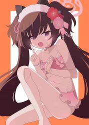 Rule 34 | 1girl, absurdres, bare arms, bare legs, bare shoulders, bikini, blue archive, blush, brown hair, collarbone, flat chest, flower, frilled bikini, frills, hagoonha, hair flower, hair ornament, halo, highres, long hair, looking at viewer, navel, official alternate costume, open mouth, pink bikini, pink flower, pink halo, purple eyes, red flower, shizuko (blue archive), shizuko (swimsuit) (blue archive), solo, swimsuit, twintails