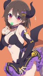 Rule 34 | 1girl, black skirt, blush, breasts, brown hair, candy, demon girl, demon tail, demon wings, detached sleeves, food, frilled skirt, frills, hair ornament, halloween costume, highres, holding, holding candy, holding food, large breasts, looking at viewer, medium hair, mochigome (ununquadium), navel, orange background, original, pumpkin print, purple skirt, red eyes, revealing clothes, simple background, skirt, stomach, tail, two-tone skirt, wings, x hair ornament