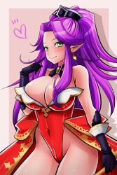 Rule 34 | 1girl, absurdres, angela (seiken densetsu 3), bare shoulders, black gloves, breasts, cleavage, closed mouth, covered navel, crown, earrings, female focus, gloves, gold earrings, green eyes, hair intakes, heart, highres, holding, holding staff, jewelry, large breasts, leotard, light blush, long hair, looking at viewer, necklace, parted bangs, pointing, pointing at self, pointy ears, purple hair, red leotard, red skirt, seiken densetsu, seiken densetsu 3, sidelocks, skeb, skirt, smile, solo, square enix, staff, standing, swept bangs, thighs